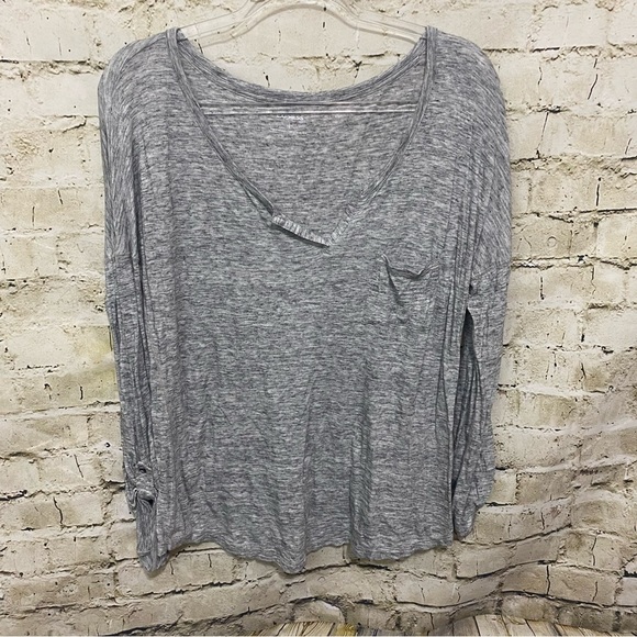 Express Gray Burnout V Neck Tab Sleeve Pocket T Shirt - Picture 1 of 6